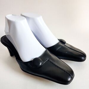 Y2K 90's Michelle D Mules Pointed Toe Mid Heel Womens Size 8.5 Black Leather Vtg